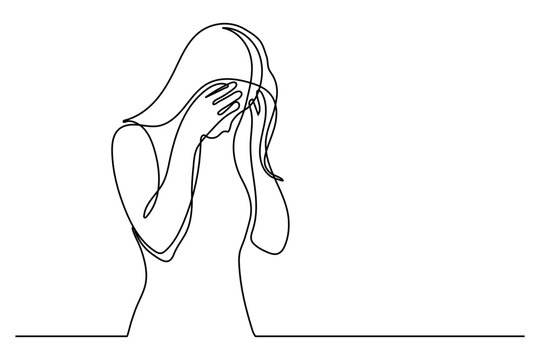 Continuous line drawings of young woman feeling sad, tired and worried about suffering from depression in mental health. problems, failures and concepts of heartbreak isolated on white background