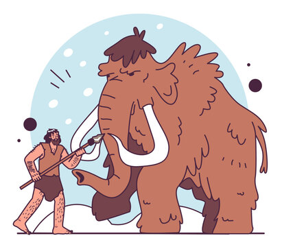 Caveman With Primitive Weapon Hunting A Big Mammoth. Prehistoric Hunter