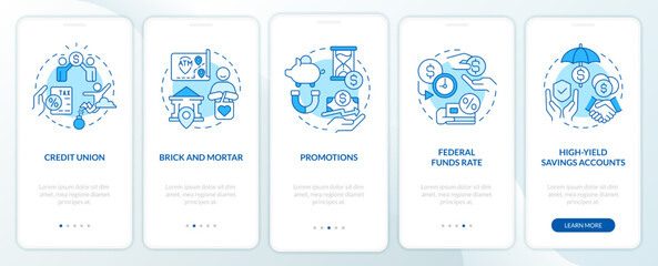 Fototapeta na wymiar Savings accounts blue onboarding mobile app screen. Banking service walkthrough 5 steps editable graphic instructions with linear concepts. UI, UX, GUI template. Myriad Pro-Bold, Regular fonts used