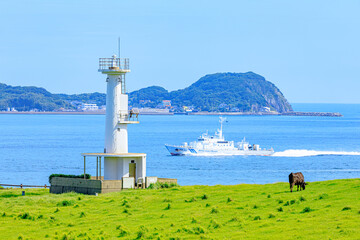 Fototapeta na wymiar 加部島にある夏の牧場と肥前立石埼灯台と巡視船 佐賀県唐津市　Summer Ranch in Kabeshima and Hizen Tateishisaki Lighthouse and patrol boat. Saga Prefecture Karatsu city.