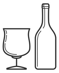 Dessert wine bottle and glass. Alcohol drink line icon