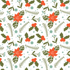 Christmas seamless pattern, traditional  floral elements, mistletoe, holly, poinsettia, Winter repeat print, Seasonal motif ornament, winter holiday backdrop, Festive illustration background