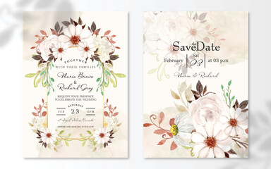 Gorgeous Rustic White Watercolor Floral With Abstract Stain Wedding Invitation Set