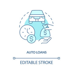 Auto loans turquoise concept icon. Bank product for customer. Financial support abstract idea thin line illustration. Isolated outline drawing. Editable stroke. Arial, Myriad Pro-Bold fonts used