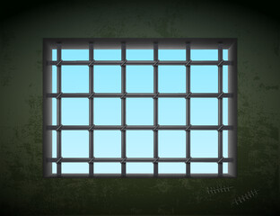 Window with metal prison bars in a prison cell.