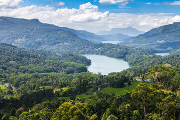 Naklejka na ściany i meble Magnificent lakes among the jungle of the island of Sri Lanka under clouds