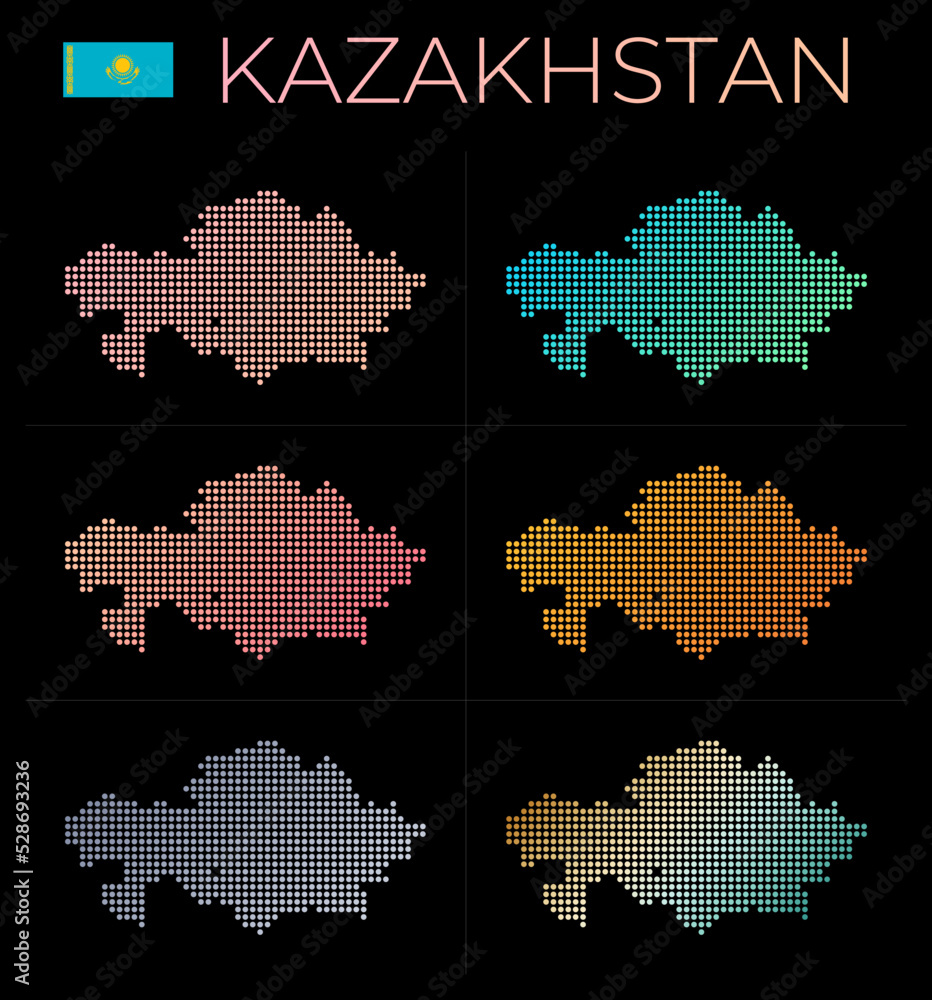 Poster kazakhstan dotted map set. map of kazakhstan in dotted style. borders of the country filled with bea