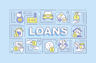 Loans word concepts blue banner. Banking products for customers. Infographics with editable icons on color background. Isolated typography. Vector illustration with text. Arial-Black font used