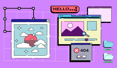 Retrowave pc desktop with message boxes and popup user interface elements. user interface elements in retro y2k vaporwave style. Modern vintage comics illustrations in the 80s and 90s.