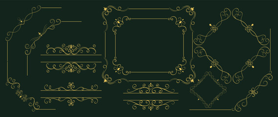 Luxury black ornate invitation vector set. Collection of ornamental curls, dividers, border, frame, corner, components. Set of elegant design for wedding, menus, certificates, logo design, branding.