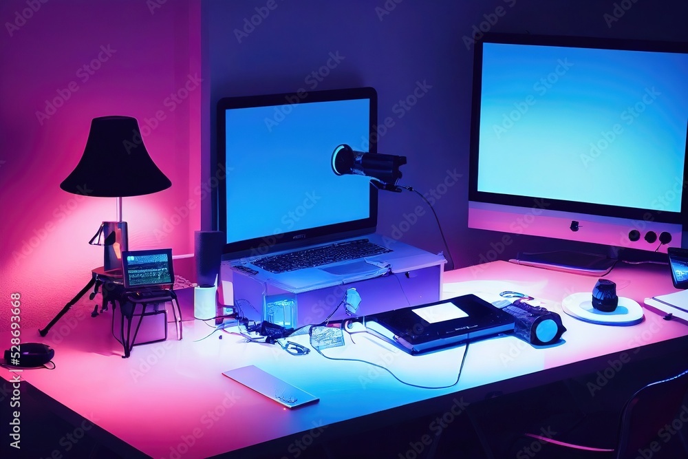 Poster Blogger workplace. Empty space with podcast equipment to record talking show at home. Futuristic modern workplace of internet blogger, streamer or computer gamer. 3d rendering