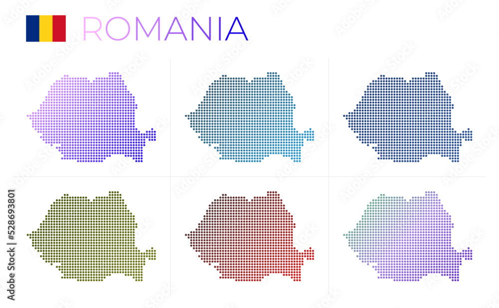 Poster romania dotted map set. map of romania in dotted style. borders of the country filled with beautiful