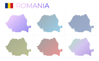 Fototapeta na wymiar Romania dotted map set. Map of Romania in dotted style. Borders of the country filled with beautiful smooth gradient circles. Stylish vector illustration.