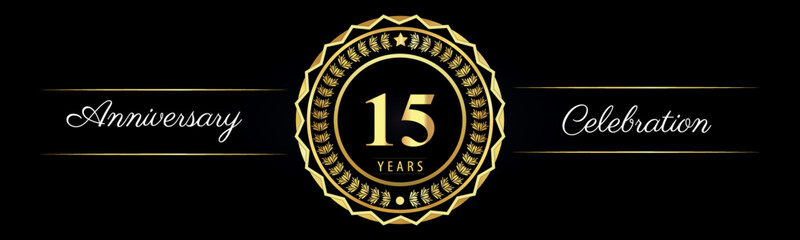 Fototapeta premium 15 years anniversary celebration logotype with gold star frames, number, and flowers on black background. Premium design for marriage, banner, event party, happy birthday, greetings card, jubilee.