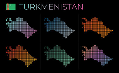 Fototapeta na wymiar Turkmenistan dotted map set. Map of Turkmenistan in dotted style. Borders of the country filled with beautiful smooth gradient circles. Vibrant vector illustration.