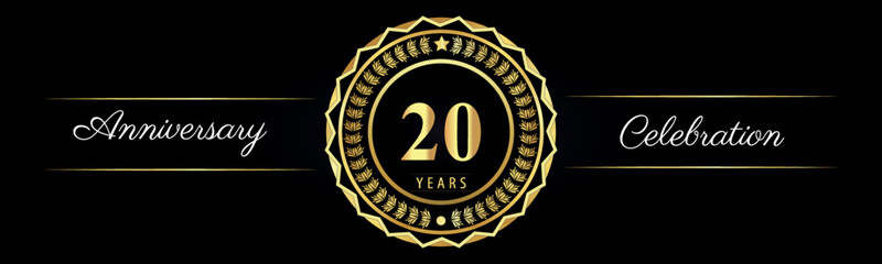 20 years anniversary celebration logotype with gold star frames, number, and flowers on black background. Premium design for marriage, banner, event party, happy birthday, greetings card, jubilee.