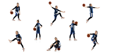 Collage. Dynamic images of teen girl, basketball player in uniform training, playing isolated on black studio background.