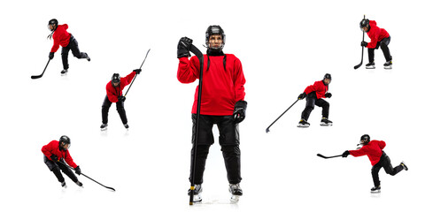 Collage. Professional female hockey player, woman training isolated on white background.