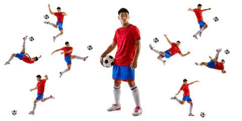 Portrait of young man, football player training, playing, posing isolated over white studio background. Collage