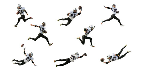 Portrait of american football player in motion, training, playing isolated over white background. Dynamics and motion. Collage