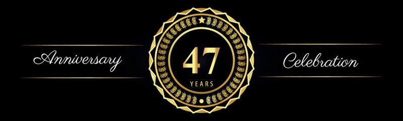 47 years anniversary celebration logotype with gold star frames, number, and flowers on black background. Premium design for marriage, banner, event party, happy birthday, greetings card, jubilee.