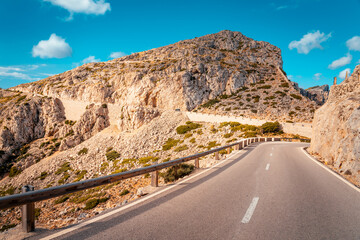 Road to Cap de Formentor lighthouse on northernmost point of Majorca, Spain. Selective focus.