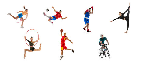 Collage. Young sportive people training, practising isolated over white studio background.