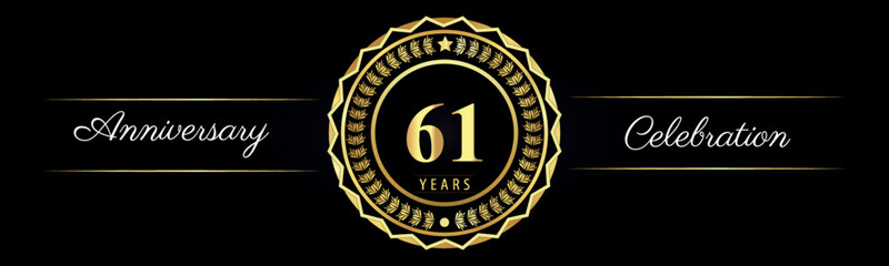 61 years anniversary celebration logotype with gold star frames, number, and flowers on black background. Premium design for marriage, banner, event party, happy birthday, greetings card, jubilee.