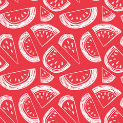 Watermelon seamless pattern. Hand drawn vector illustration. Pen or marker doodle sketch. Red and white scribble