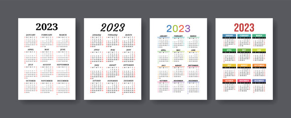 Calendar 2023 year set. Vector vertical template collection. Ready design. January, February, March, April, May, June, July, August, September, October, November, December