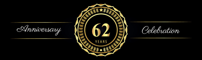 62 years anniversary celebration logotype with gold star frames, number, and flowers on black background. Premium design for marriage, banner, event party, happy birthday, greetings card, jubilee.