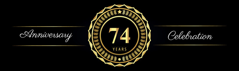 Fototapeta premium 74 years anniversary celebration logotype with gold star frames, number, and flowers on black background. Premium design for marriage, banner, event party, happy birthday, greetings card, jubilee.