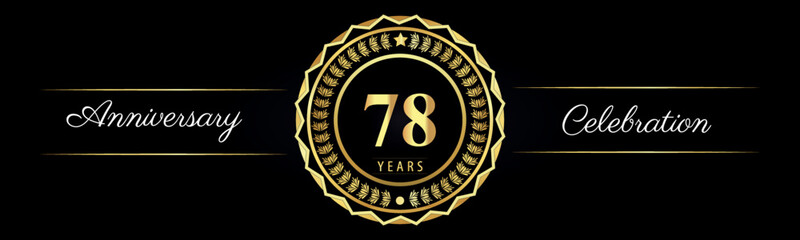 78 years anniversary celebration logotype with gold star frames, number, and flowers on black background. Premium design for marriage, banner, event party, happy birthday, greetings card, jubilee.