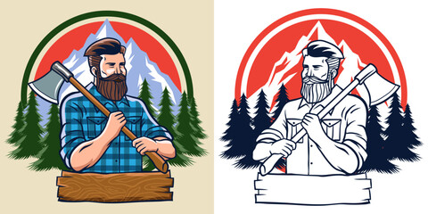 lumberjack mascot pose with axe. bearded lumberjack mascot hold the axe