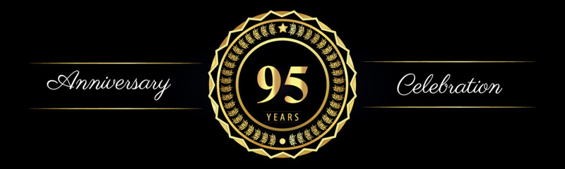 95 years anniversary celebration logotype with gold star frames, number, and flowers on black background. Premium design for marriage, banner, event party, happy birthday, greetings card, jubilee.