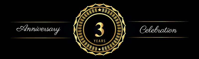 3 years anniversary celebration logotype with gold star frames, number, and flowers on black background. Premium design for marriage, banner, event party, happy birthday, greetings card, jubilee.