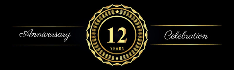 Fototapeta premium 12 years anniversary celebration logotype with gold star frames, number, and flowers on black background. Premium design for marriage, banner, event party, happy birthday, greetings card, jubilee.