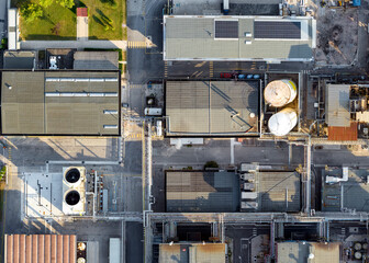 Bird's eye shot with drone, FIS chemical plant Gambellara (VI) Italy, September 05 2022 in the late...
