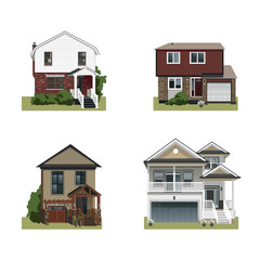 Canadian vector flat houses. Architecture. Residential buildings. Cottage. Garden houses. Country life