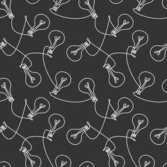Monochrome light bulb garland vector icon seamless pattern. One line continuous hand drawn illustration. Wallpaper, graphic background, fabric, print, wrapping paper.