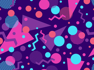 Materiał do szycia Memphis seamless pattern with geometric shapes in 80s style. Colorful geometric shapes on a violet background. Design of promotional products, wrapping paper and printing. Vector illustration