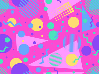 Seamless pattern with geometric shapes in memphis style 80s. Circles and triangles. Colorful abstract background for printing on promotional items, banners and wrapping paper. Vector illustration
