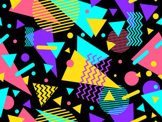 Geometric seamless pattern in 80s memphis style. Colorful geometric shapes on black background. Design for promotional products, wrapping paper, brochures and printing. Vector illustration