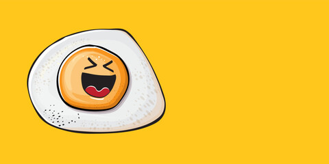 Vector cartoon fried egg character isolated on orange background. Cute fried egg for good morning concept illustration. Funky cartoon egg character for printing on tee, menu and food poster