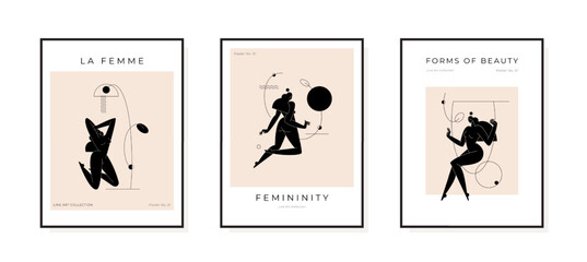 Trendy contemporary poster collection. Minimal female silhouette. Abstract woman body feminine geometric composition. Beauty, Femininity concept, prints set for wall art decor. Vector illustration