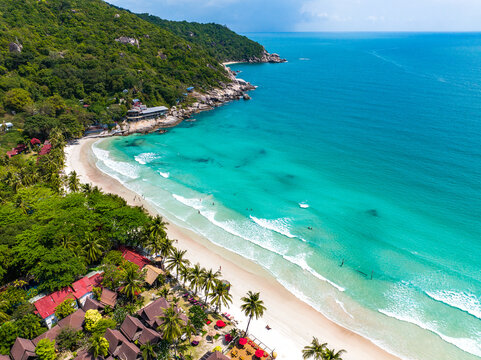 Aerial view of Haad Rin beach or Hat Rin in Ko Pha Ngan, Thailand