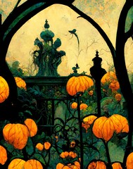 Illustration of ominous Halloween cemetery with crypt and orange pumpkins