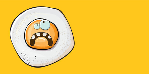 Obraz premium Vector cartoon fried egg character isolated on orange background. Cute fried egg for good morning concept illustration. Funky cartoon egg character for printing on tee, menu and food poster