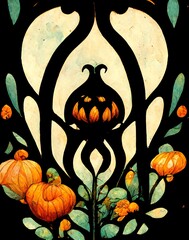 Halloween card. Silhouette of gate in mysterious garden and smiling evil pumpkin