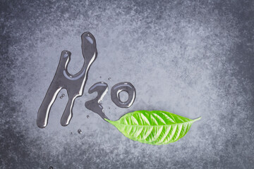 Green leaf on dark gray background with H2O symbol letters made from water, Last change of water and Save water before it too late concept